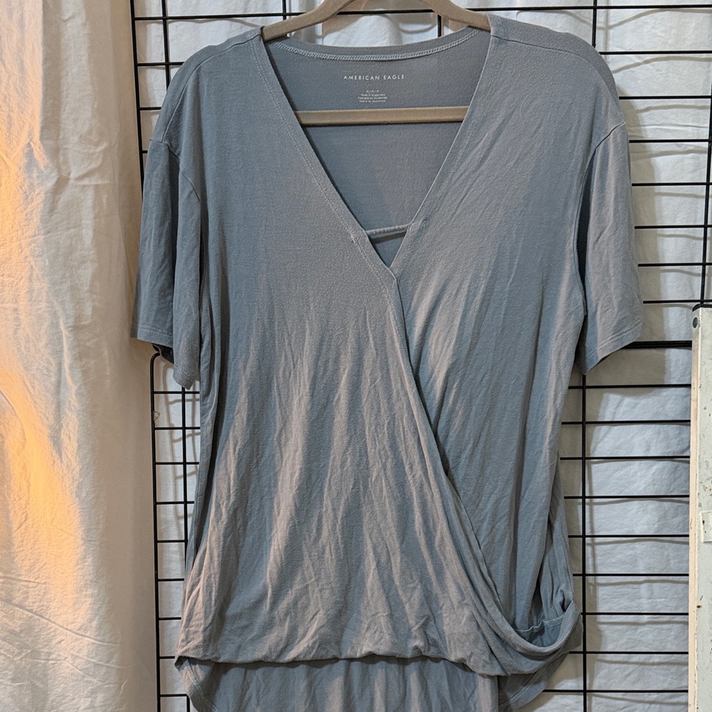 American Eagle Outfitters blue Short Sleeve Wrap Top